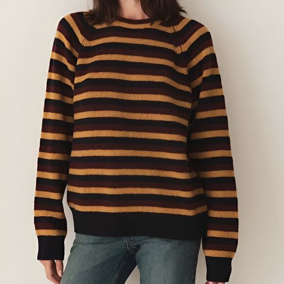 Doen Sweaters - Doen Dana Striped Knit Crewneck Cashmere Sweater Gold Black Burgundy Size Large